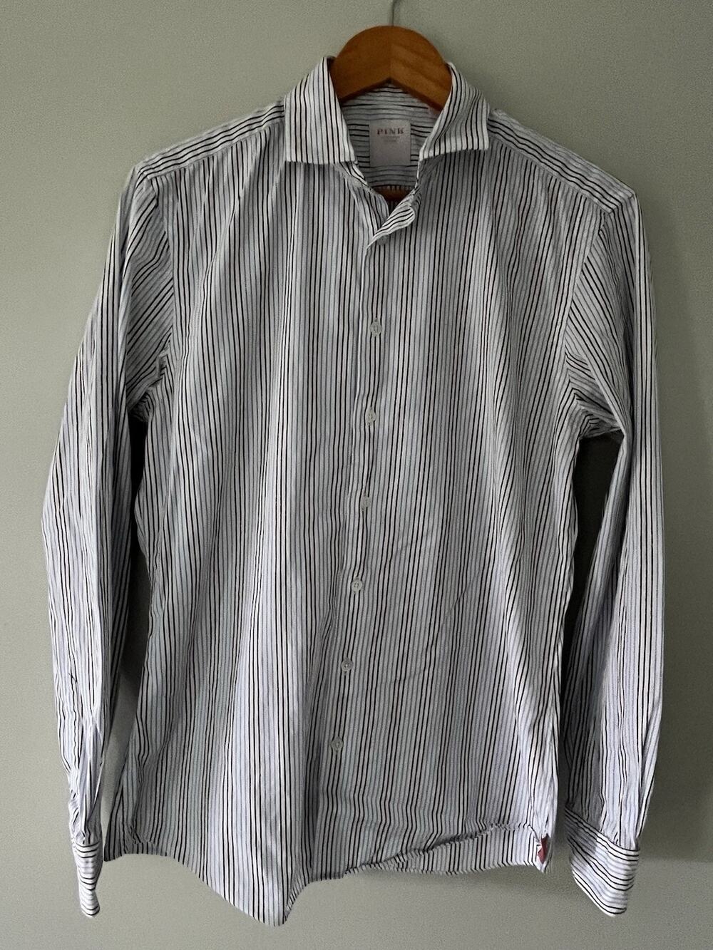 Thomas Pink Shirt Mens Medium White Blue Striped Cotton Long Sleeve